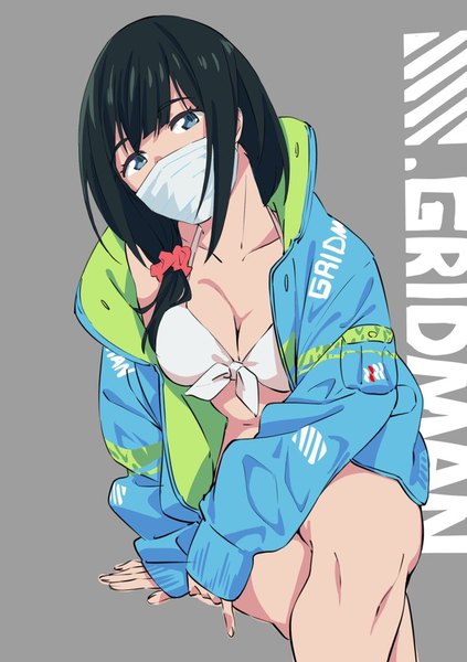 Anime picture 722x1024 with gridman universe ssss.gridman studio trigger hassu kengo single long hair tall image looking at viewer fringe breasts blue eyes light erotic black hair simple background hair between eyes sitting cleavage grey background arm support