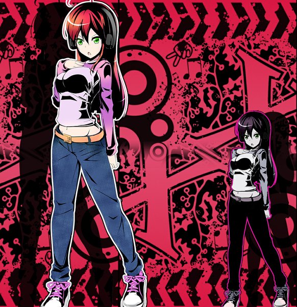 Anime picture 1000x1030 with rinine single long hair tall image green eyes red hair hand on chest girl navel shoes belt headphones jeans blue jeans
