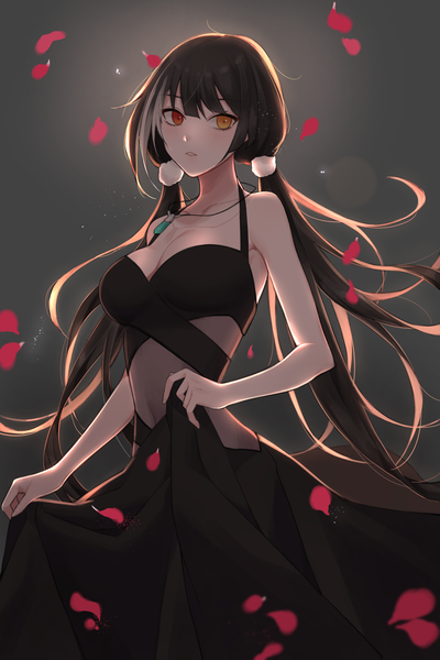 Anime picture 992x1488 with girls frontline ro635 (girls frontline) qb 516 single long hair tall image looking at viewer blush fringe breasts black hair simple background hair between eyes red eyes twintails bare shoulders yellow eyes cleavage parted lips multicolored hair
