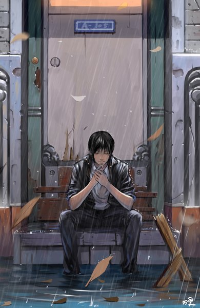 Anime picture 1950x3000 with original lu ying single tall image highres short hair black hair sitting signed eyes closed rain sad boy water leaf (leaves) door