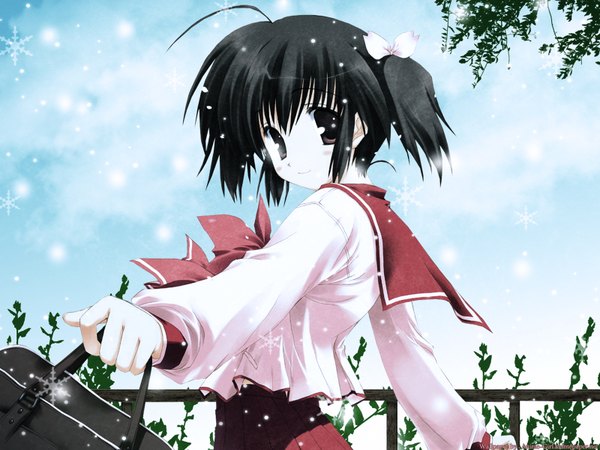 Anime picture 1600x1200 with to heart 2 leaf (studio) yuzuhara konomi mitsumi misato single looking at viewer fringe short hair black hair smile standing twintails holding payot sky cloud (clouds) upper body outdoors long sleeves looking back