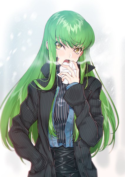 Anime picture 750x1059 with code geass sunrise (studio) c.c. creayus single long hair tall image looking at viewer fringe open mouth hair between eyes yellow eyes upper body green hair snowing striped eating hand in pocket steam girl