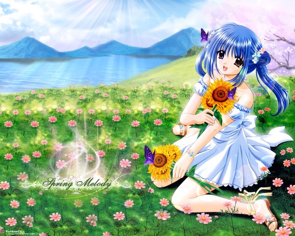 Anime picture 1280x1024 with lovely idol nagasawa rei nishimata aoi single long hair looking at viewer fringe open mouth sitting bare shoulders holding brown eyes payot blue hair sky cloud (clouds) outdoors hair flower sunlight happy