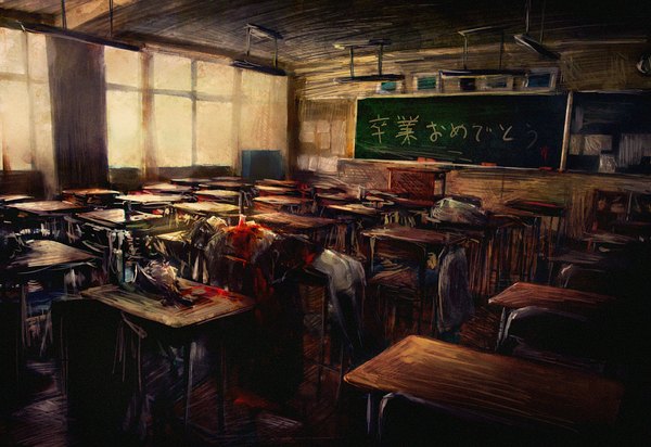 Anime picture 1000x688 with original 317/miiina (pixiv) black hair classroom death guro girl skirt uniform school uniform socks window black socks blood table desk blackboard