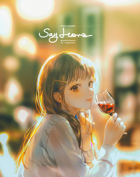 Anime picture 744x944 with original say hana single long hair tall image looking at viewer blush fringe brown hair holding brown eyes signed payot upper body blunt bangs light smile depth of field twitter username girl shirt