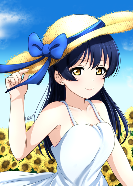 Anime picture 1814x2537 with love live! school idol project sunrise (studio) love live! sonoda umi surv1v3-13005993 single long hair tall image looking at viewer blush fringe highres smile standing bare shoulders signed yellow eyes blue hair sky cloud (clouds)