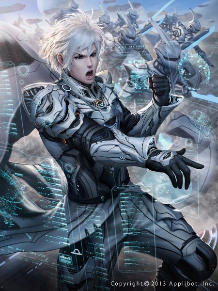 Anime picture 900x1200 with chrisnfy85 tall image short hair open mouth blue eyes signed silver hair battle science fiction boy gloves weapon sword pilot suit mecha