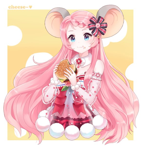Anime picture 1180x1218 with original minari single long hair tall image looking at viewer blue eyes bare shoulders pink hair eating girl dress hair ornament hamburger