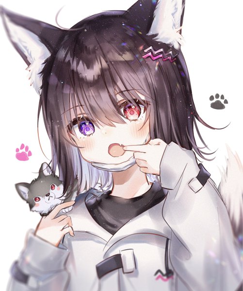 Anime picture 1739x2083 with original yoyogi (rukako) rukako single tall image looking at viewer fringe highres short hair open mouth black hair simple background hair between eyes red eyes white background purple eyes animal ears upper body ahoge tail