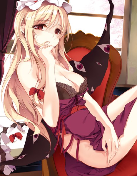 Anime picture 2717x3500 with touhou yakumo yukari eien no juu nana-sa single long hair tall image looking at viewer highres breasts light erotic blonde hair red eyes large breasts shaded face side slit eyes hair in mouth girl dress bow