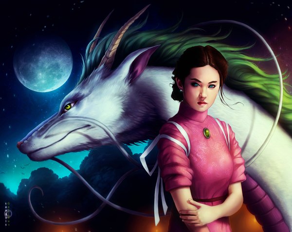 Anime picture 3830x3044 with spirited away studio ghibli haku (spirited away) ogino chihiro haku (dragon) sanguisgelidus single highres short hair breasts brown hair green eyes absurdres sky horn (horns) aqua eyes green hair lips realistic night