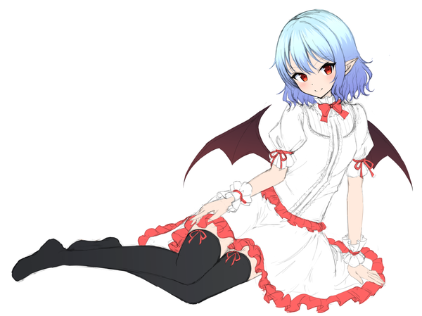 Anime picture 1443x1080 with touhou remilia scarlet junior27016 single looking at viewer blush fringe short hair simple background smile hair between eyes red eyes white background sitting blue hair full body head tilt pointy ears arm support short sleeves