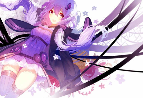 Anime picture 1200x825 with vocaloid yuzuki yukari prophet chu single long hair blush fringe open mouth purple eyes twintails purple hair open clothes open jacket low twintails jumping girl thighhighs dress hair ornament flower (flowers)