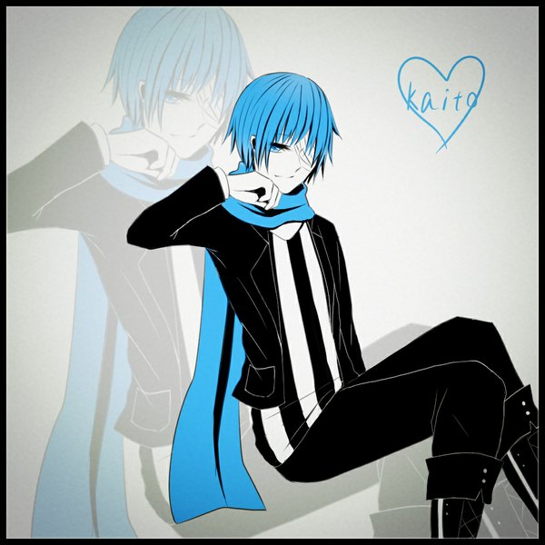 Anime picture 1048x1048 with vocaloid kaito (vocaloid) mg single looking at viewer blue eyes smile blue hair alternate costume pale skin bandage over one eye girl boy jacket boots scarf pants bandage (bandages)