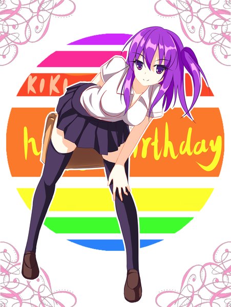 Anime picture 1595x2120 with original zi se single tall image short hair smile purple eyes purple hair one side up girl thighhighs skirt black thighhighs miniskirt shirt