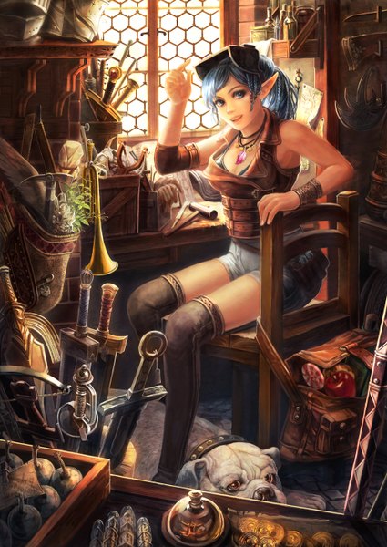 Anime picture 1000x1412 with original umedama single tall image open mouth blue eyes sitting blue hair pointy ears elf girl weapon animal sword shorts window jewelry bag musical instrument dog