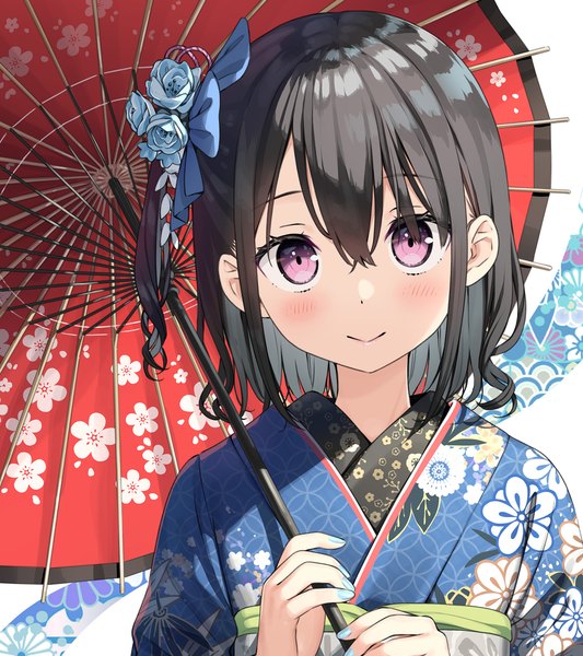 Anime picture 1778x2000 with original shizuku (kantoku) kantoku single tall image looking at viewer blush fringe highres short hair black hair hair between eyes upper body nail polish traditional clothes head tilt japanese clothes pink eyes hair flower one side up