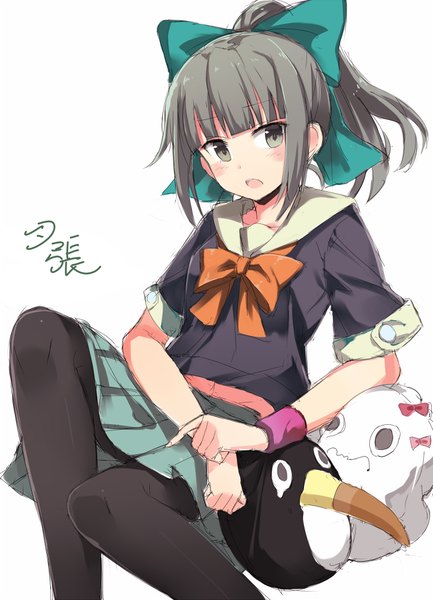 Anime picture 722x1000 with kantai collection yuubari light cruiser failure penguin (kantai collection) miss cloud kuhotaka single long hair tall image blush fringe open mouth simple background white background looking away ponytail grey hair grey eyes character names hieroglyph girl