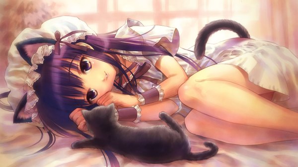 Anime picture 3200x1800 with tsukuyomi moon phase hazuki goto p highres wide image animal ears absurdres tail lying cat ears maid cat girl girl cat bonnet pajamas heidi