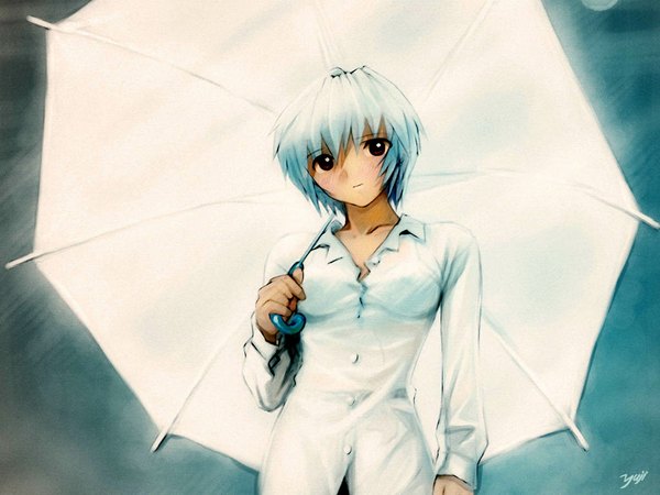 Anime picture 1024x768 with neon genesis evangelion gainax ayanami rei kobayashi yuji umbrella