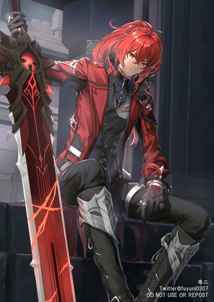 Anime picture 1505x2125 with genshin impact diluc ragnvindr diluc (red dead of night) (genshin impact) fuyuni0307 single long hair tall image looking at viewer fringe hair between eyes red eyes sitting ponytail red hair official alternate costume boy gloves weapon black gloves huge weapon