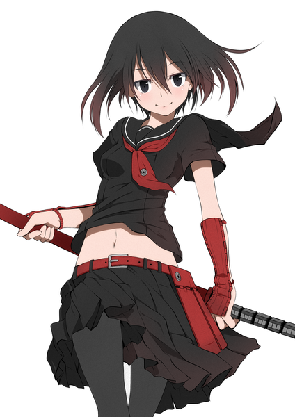 Anime picture 1447x2047 with akame ga kill! white fox kurome (akame ga kill!) pixiv id 12855078 single tall image looking at viewer blush short hair black hair simple background smile standing white background pleated skirt wind black eyes bare belly girl skirt