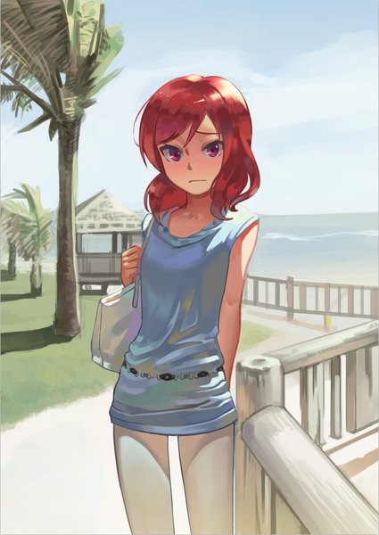 Anime picture 712x1006 with love live! school idol project sunrise (studio) love live! nishikino maki zhanzheng zi single tall image blush short hair standing sky cloud (clouds) red hair pink eyes sunlight shadow sleeveless beach girl plant (plants)