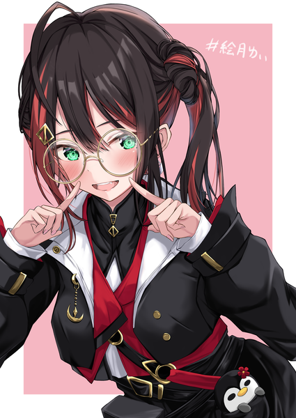 Anime picture 2508x3541 with virtual youtuber neo-porte hizuki yui mihana single long hair tall image fringe highres open mouth black hair simple background hair between eyes green eyes :d multicolored hair streaked hair side ponytail border pink background