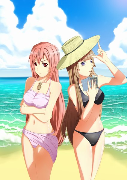 Anime picture 2893x4092 with zetsuen no tempest studio bones fuwa aika kusaribe hakaze brianchan.t.w long hair tall image highres red eyes brown hair purple eyes multiple girls pink hair sky cloud (clouds) parted lips crossed arms sand girl navel