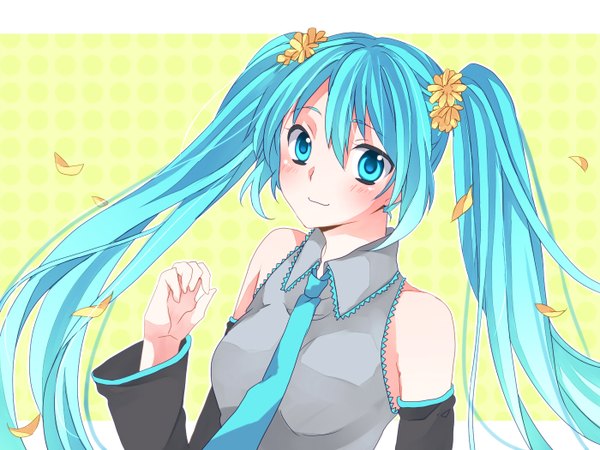 Anime picture 1400x1050 with vocaloid hatsune miku awa (houteishiki) long hair looking at viewer blush twintails bare shoulders hair flower aqua eyes aqua hair girl hair ornament detached sleeves petals necktie