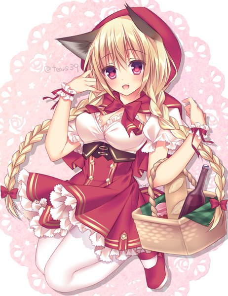 Anime picture 644x836 with original sorai shin'ya single long hair tall image blush fringe open mouth blonde hair smile hair between eyes red eyes holding animal ears braid (braids) :d puffy sleeves twin braids adjusting hair wolf ears