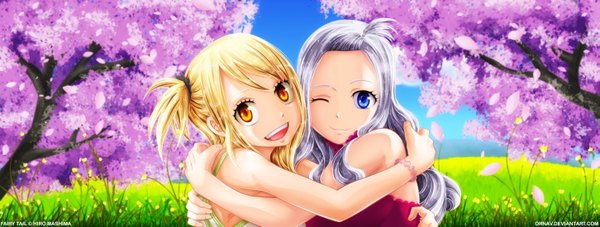 Anime picture 2901x1098 with fairy tail lucy heartfilia mirajane strauss ornav long hair highres open mouth blue eyes blonde hair smile wide image multiple girls sky silver hair ahoge ponytail one eye closed wink orange eyes hug