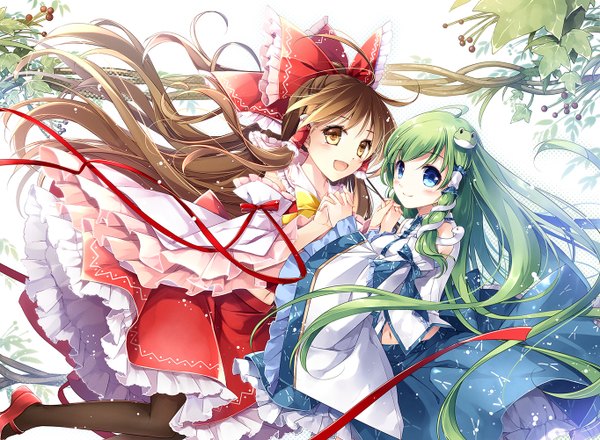 Anime picture 1364x1002 with touhou hakurei reimu kochiya sanae mochizuki shiina long hair looking at viewer blush blue eyes brown hair multiple girls brown eyes green hair girl dress navel bow ribbon (ribbons) 2 girls hair bow detached sleeves