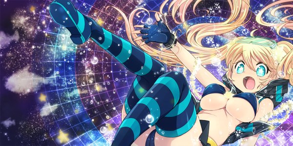 Anime picture 1418x709 with original zuzu (artist) long hair breasts open mouth blue eyes light erotic blonde hair wide image twintails symbol-shaped pupils girl thighhighs miniskirt fingerless gloves star (symbol) star (stars) striped thighhighs bikini top