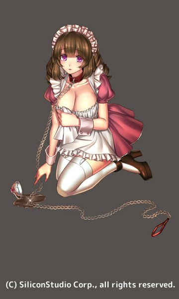 Anime picture 480x800 with original ryuki@maguro-ex single long hair tall image looking at viewer light erotic simple background brown hair purple eyes cleavage maid drill hair girl thighhighs uniform white thighhighs headdress maid headdress chain