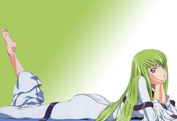 Anime picture 5199x3539 with code geass sunrise (studio) c.c. fukano youichi single long hair fringe highres simple background yellow eyes absurdres ass lying long sleeves green hair gradient background on stomach vector chin rest green background