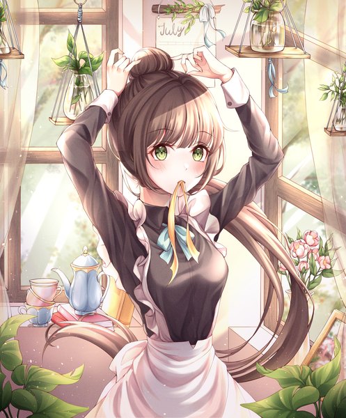 Anime picture 2480x2992 with original pippin sol single long hair tall image looking at viewer blush fringe highres brown hair standing holding green eyes payot upper body ponytail indoors blunt bangs long sleeves blurry