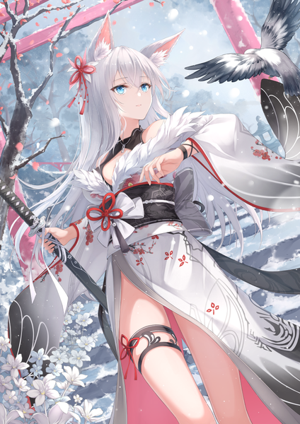 Anime picture 781x1105 with original fuuro (johnsonwade) single long hair tall image fringe blue eyes light erotic hair between eyes standing bare shoulders animal ears looking away outdoors white hair traditional clothes japanese clothes wide sleeves dutch angle fur trim