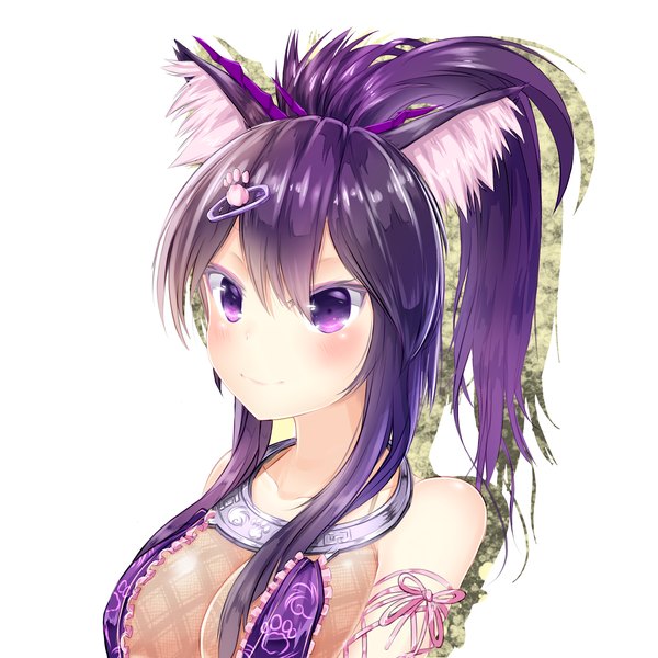 Anime picture 2000x2000 with original futoshi ame single long hair looking at viewer blush highres simple background white background purple eyes animal ears purple hair ponytail light smile cat ears cat girl girl hair ornament hairclip