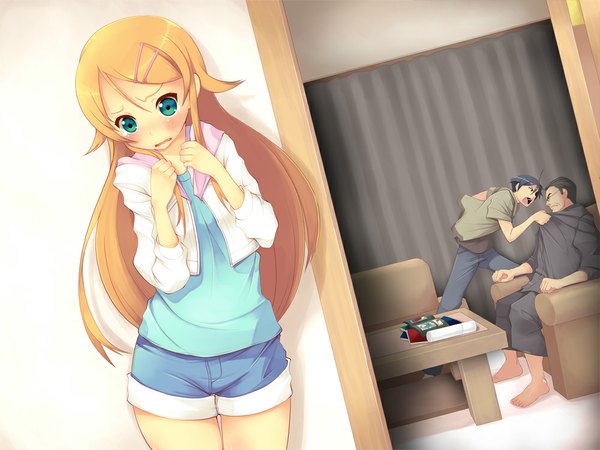 Anime picture 1000x750 with ore no imouto ga konna ni kawaii wake ga nai kousaka kirino kousaka kyousuke kousaka daisuke koflif long hair blush short hair black hair sitting green eyes barefoot orange hair girl boy hair ornament glasses shorts bobby pin