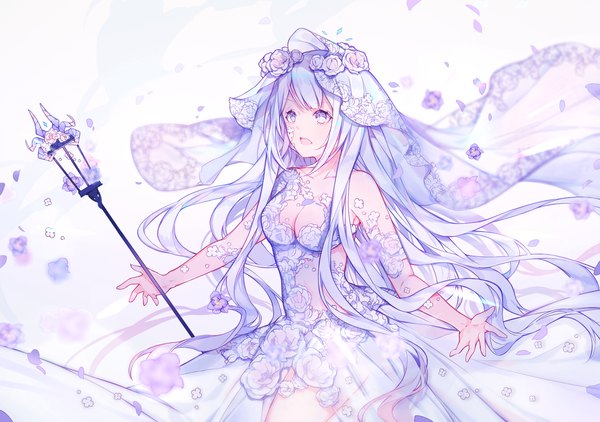 Anime picture 1913x1346 with original pixiv fantasia pixiv fantasia revenge of the darkness miyuki (miyuki0529) single looking at viewer fringe highres breasts blue eyes standing white background holding blue hair very long hair legs spread arms girl dress flower (flowers)