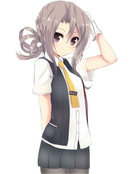 Anime picture 1024x1280 with kantai collection zuihou light aircraft carrier amano kouki single long hair tall image looking at viewer blush simple background white background purple eyes grey hair alternate hairstyle hand on head girl pantyhose necktie