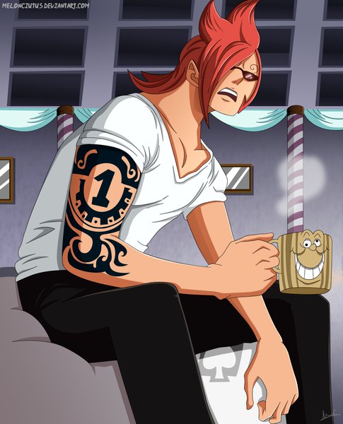 Anime picture 1033x1278 with one piece toei animation vinsmoke ichiji melonciutus single tall image short hair open mouth sitting holding signed red hair teeth short sleeves tattoo coloring eyebrows spiked hair boy pants