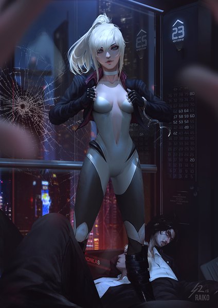 Anime picture 800x1132 with original tess turner raikoart long hair tall image looking at viewer fringe short hair breasts light erotic black hair blonde hair hair between eyes standing signed payot ponytail indoors blurry realistic