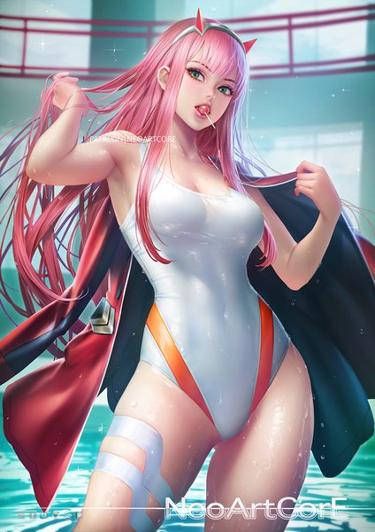 Anime picture 800x1132 with darling in the franxx studio trigger zero two (darling in the franxx) nudtawut thongmai single long hair tall image looking at viewer blush fringe breasts light erotic standing holding green eyes signed payot pink hair blunt bangs horn (horns)