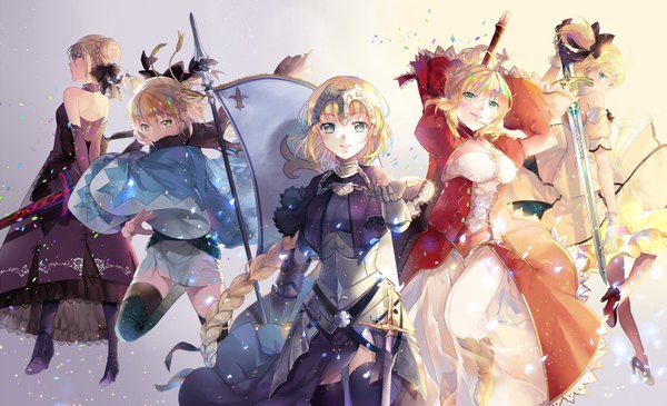 Anime picture 2386x1454 with fate (series) fate/stay night fate/apocrypha fate/extra fate/unlimited codes artoria pendragon (all) saber jeanne d'arc (fate) (all) nero claudius (fate) (all) okita souji (fate) (all) saber alter jeanne d'arc (fate) nero claudius (fate) okita souji (koha-ace) saber lily ekita xuan long hair highres short hair blonde hair