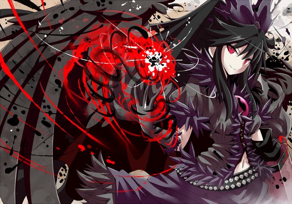 Anime picture 1600x1120 with touhou reiuji utsuho givuchoko single long hair black hair red eyes girl dress gloves navel bow hair bow wings feather (feathers) fire