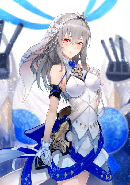 Anime picture 596x843 with azur lane saint-louis (azur lane) kyoeiki single long hair tall image looking at viewer blush fringe breasts hair between eyes red eyes light smile grey hair depth of field hand on chest girl gloves weapon white gloves