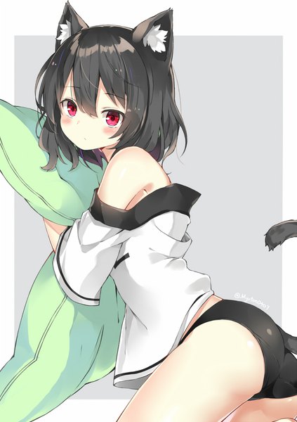 Anime picture 705x1000 with original myuton single tall image looking at viewer blush fringe short hair light erotic black hair simple background hair between eyes red eyes bare shoulders holding signed animal ears tail animal tail cat ears