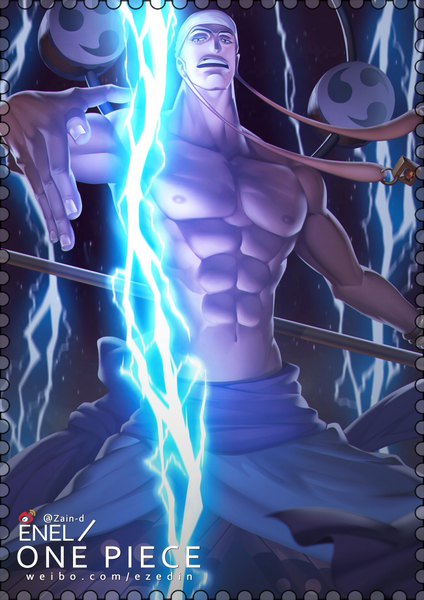 Anime picture 650x919 with one piece toei animation enel zhang ding single tall image looking at viewer open mouth standing holding signed fingernails teeth copyright name character names topless muscle abs lightning boy